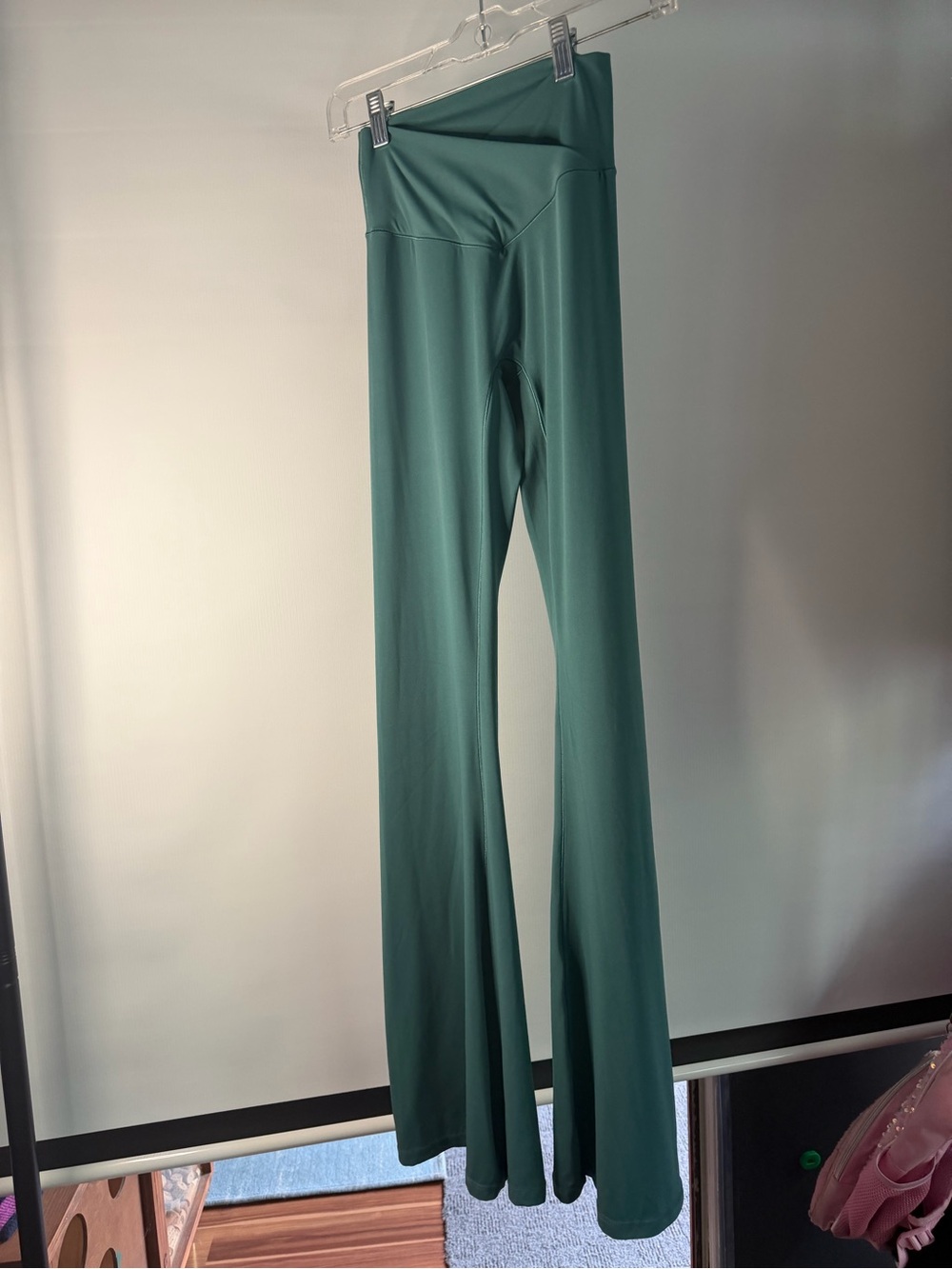 High-Rise Teal Green Flare Pants with V-Waistband
